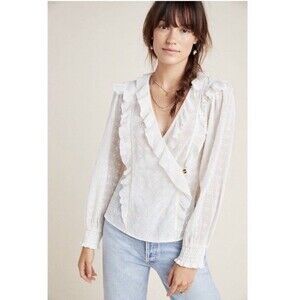 Maeve Anthropologie Size 10 L Laila Ruffled White Top Blouse Shirt Wrap Lace